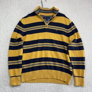 TOMMY HILFIGER Mens Patterned Jumper Yellow Striped 1/4 Zip Tight Knit M. Read